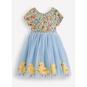 Mini Boden Girl's 7-8 Short Sleeve Ami Applique Tulle Dress Duck Floral Tulle